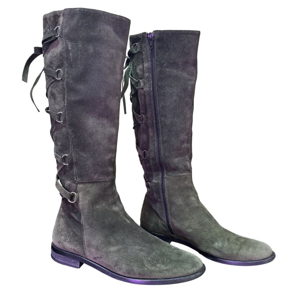 Vintage Suarez Italy Womens Olive Green Suede Knee High Lace Up Boots Side Zip 8